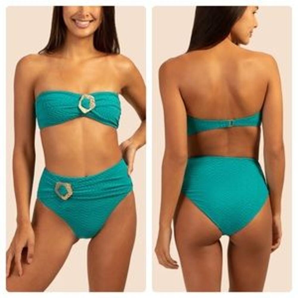 Trina Turk NEW Teal Blue Bandeau Top High Waist Bikini Two Piece Set Swimsuit 14